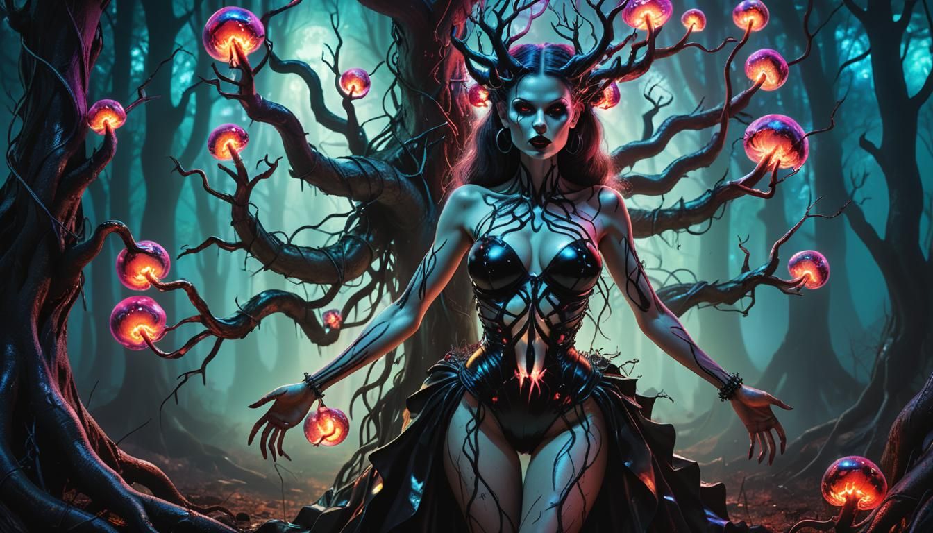 Demonic Pinup in Mystical Forest, Dark Fantasy Art