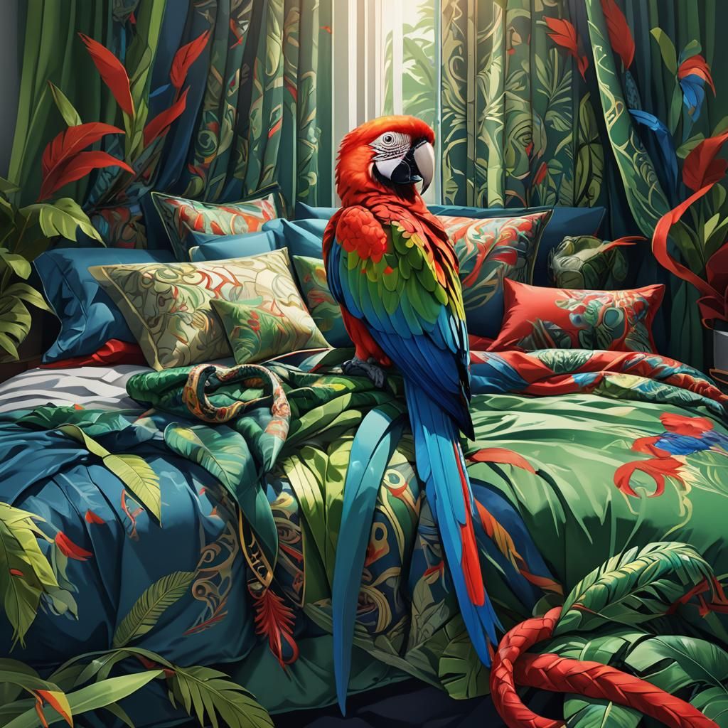 Macaw and Snake in Bedroom, as 3D Anime Art