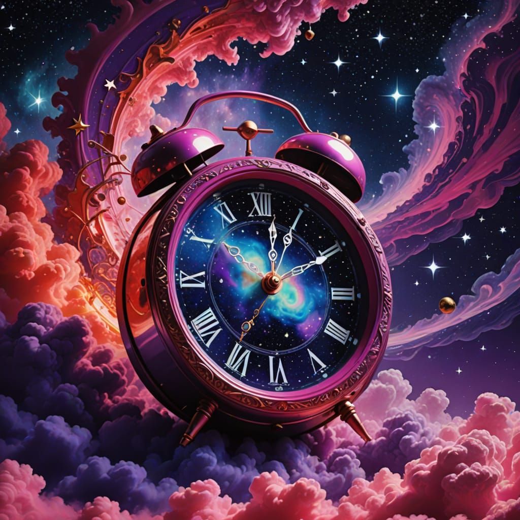 Vibrant Cosmic Strawberry Alarm Clock in a Swirling Vortex