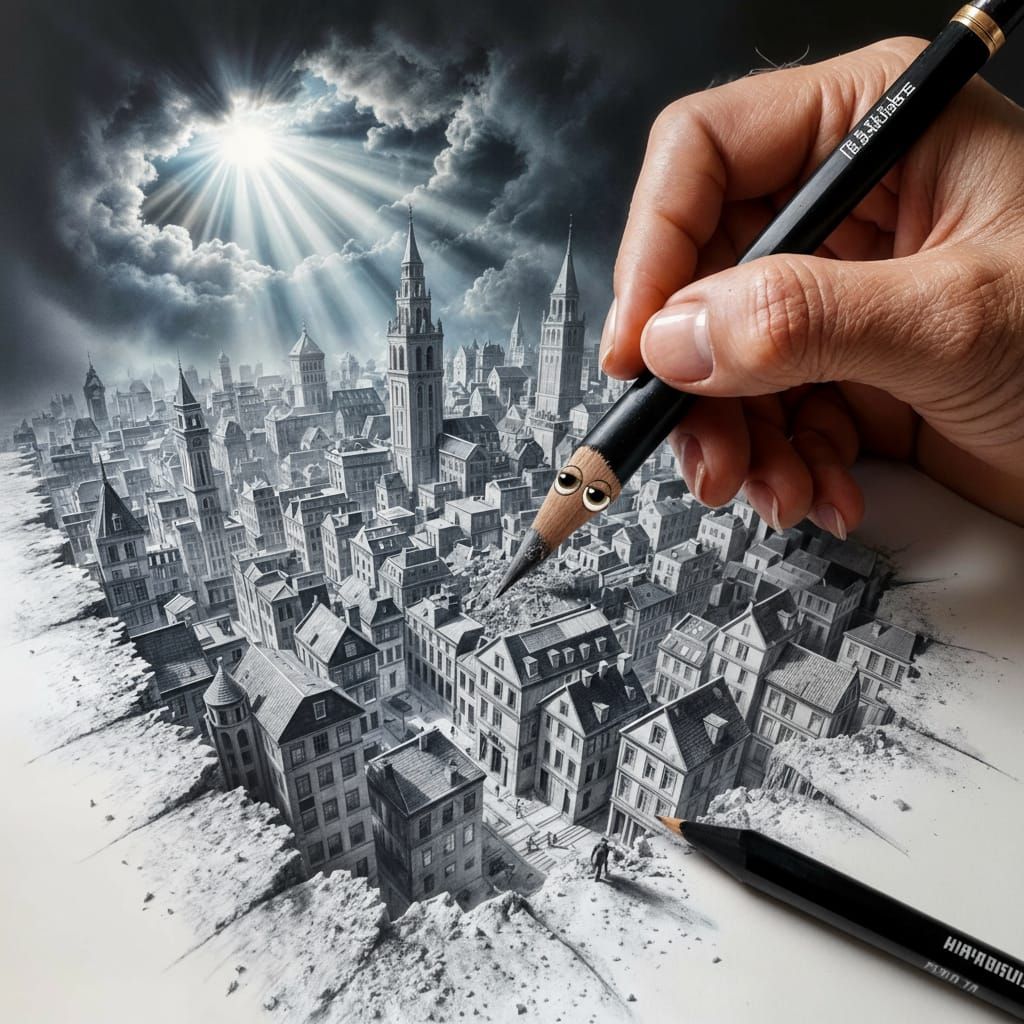 Surreal Graphite Drawing of Town in Escher Style