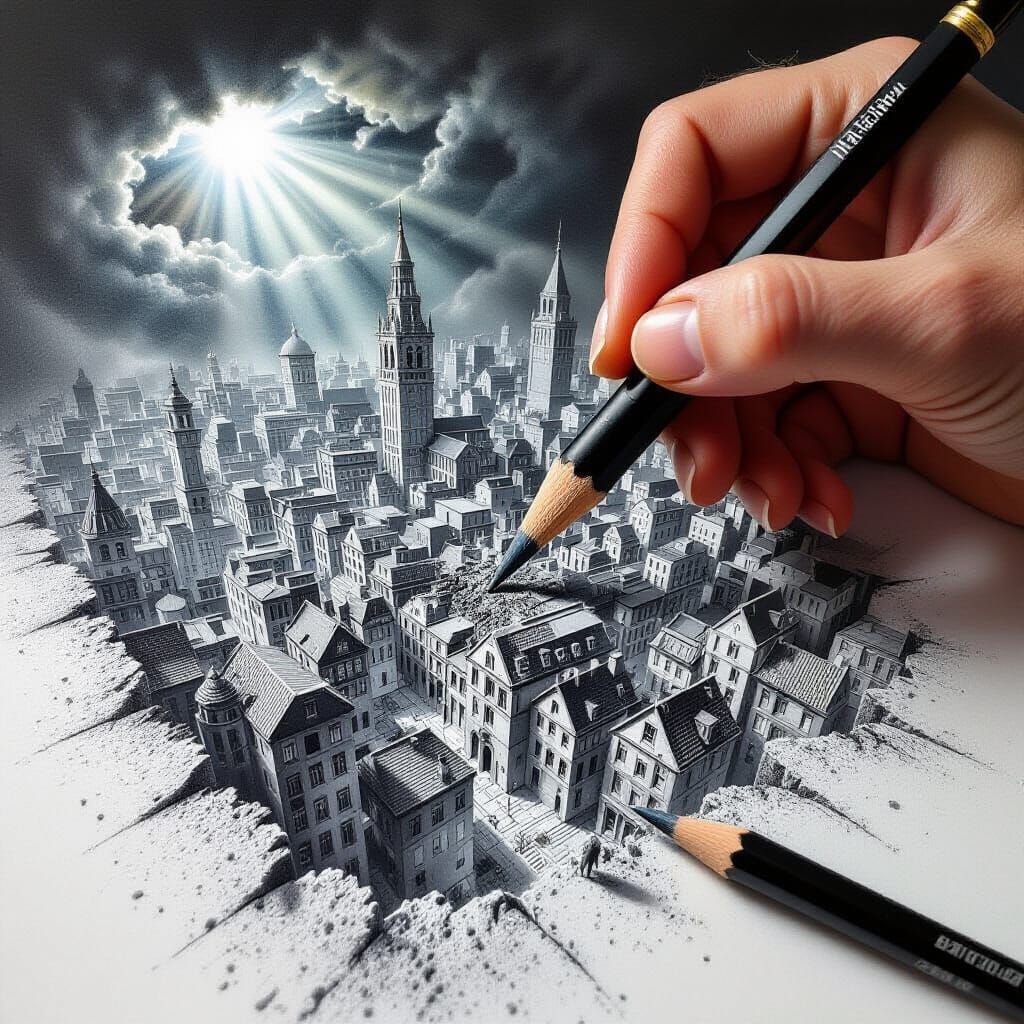 Surreal Town Drawing with Escher-Magritte Influence