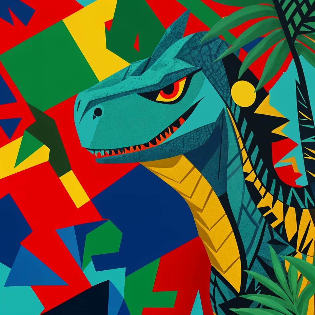 Surrealist Dinosaur in Cubist Style with Vibrant Jungle