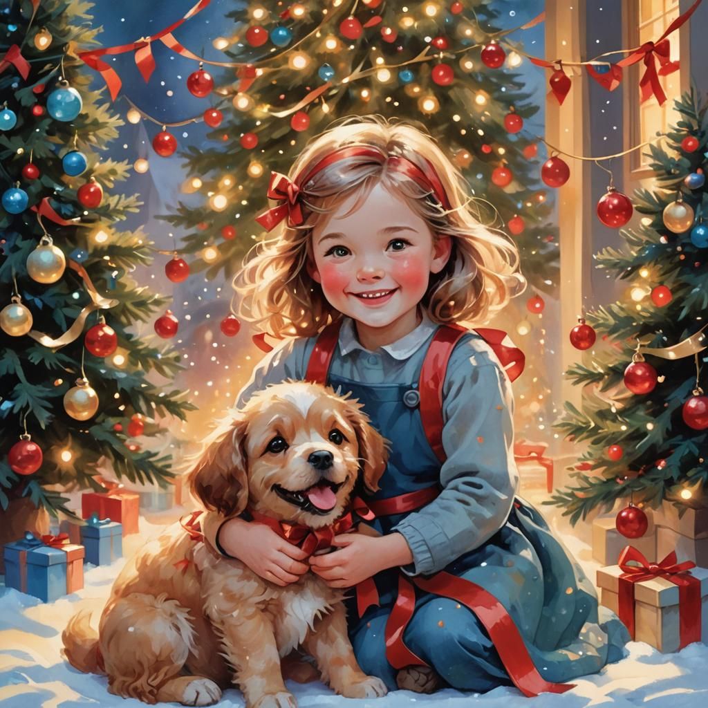 Girl with Puppy: Christmas Joy in Matte Painting Style