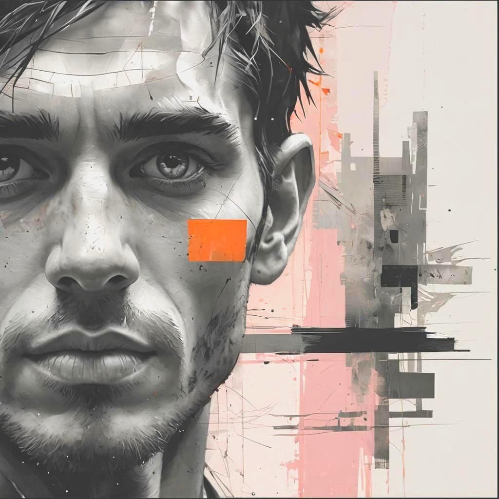 Portrait in Mixed Media Style with Pencil Grid