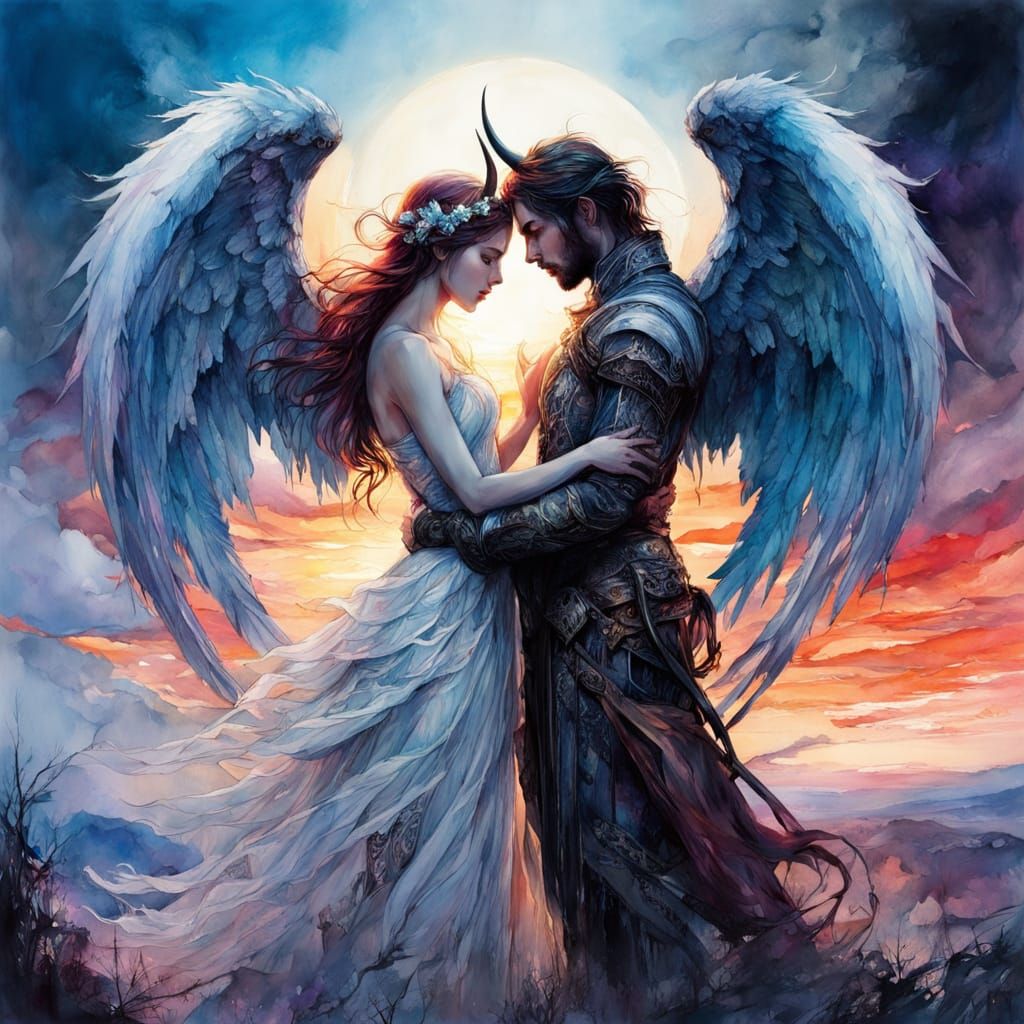 Angel and Devil Embrace in Watercolor Illustration