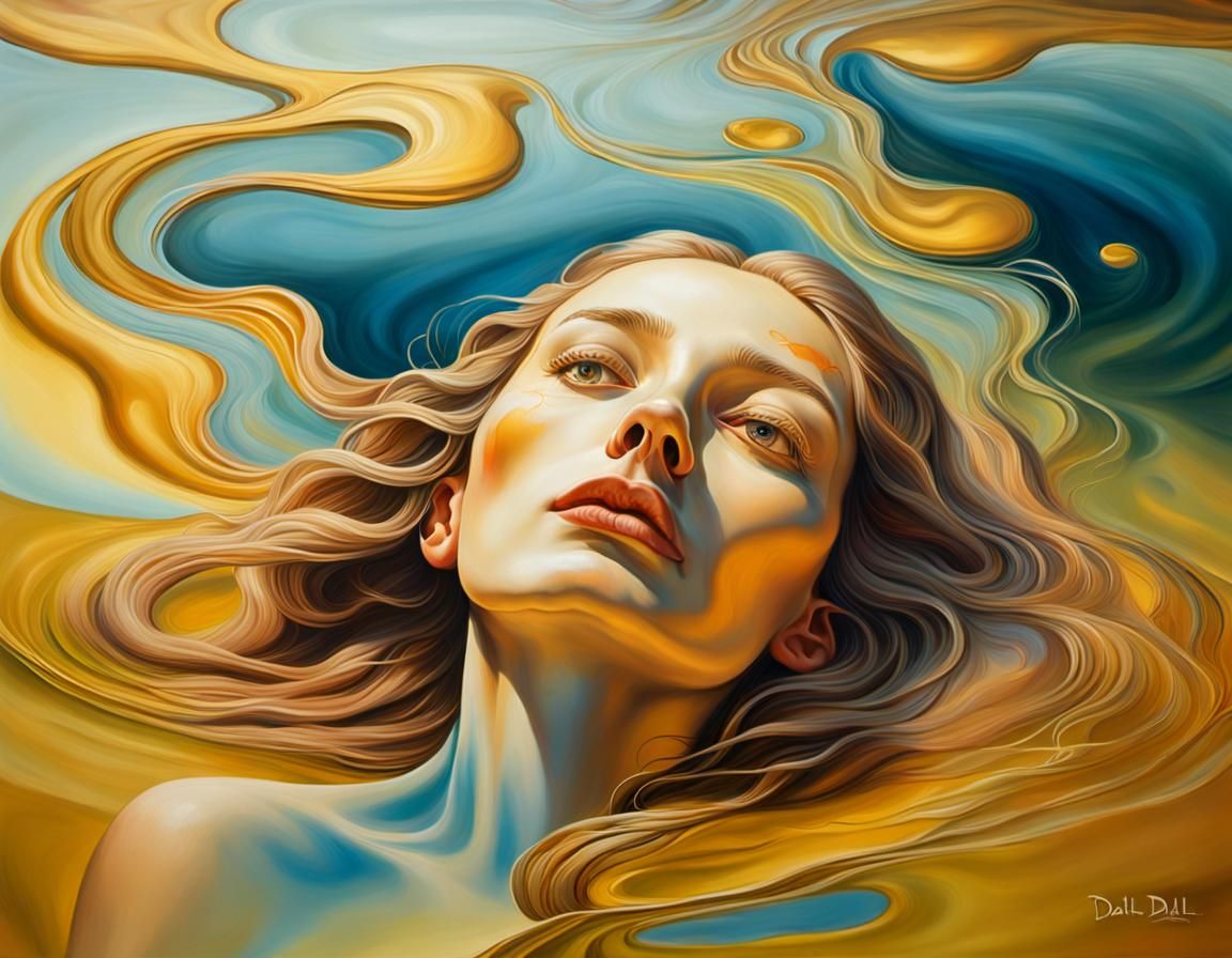 Dreamlike Woman Melts Into Lake, Surreal Oil Painting