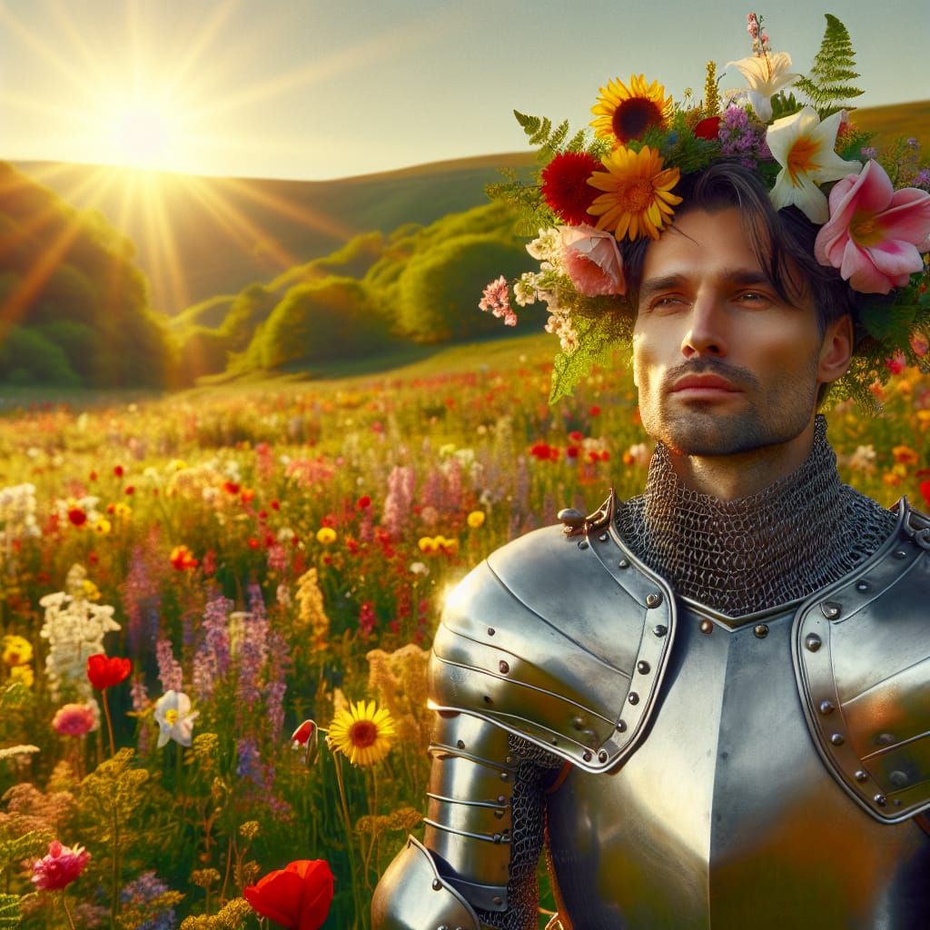 Crusader Knight in Sunny Meadow with Flowers