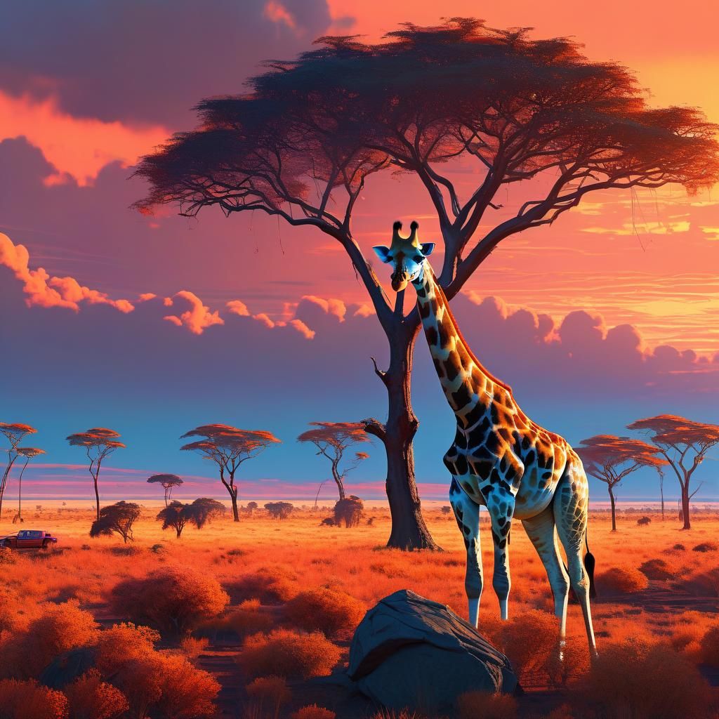 Giraffe in Savannah Sunset: Digital Matte Painting