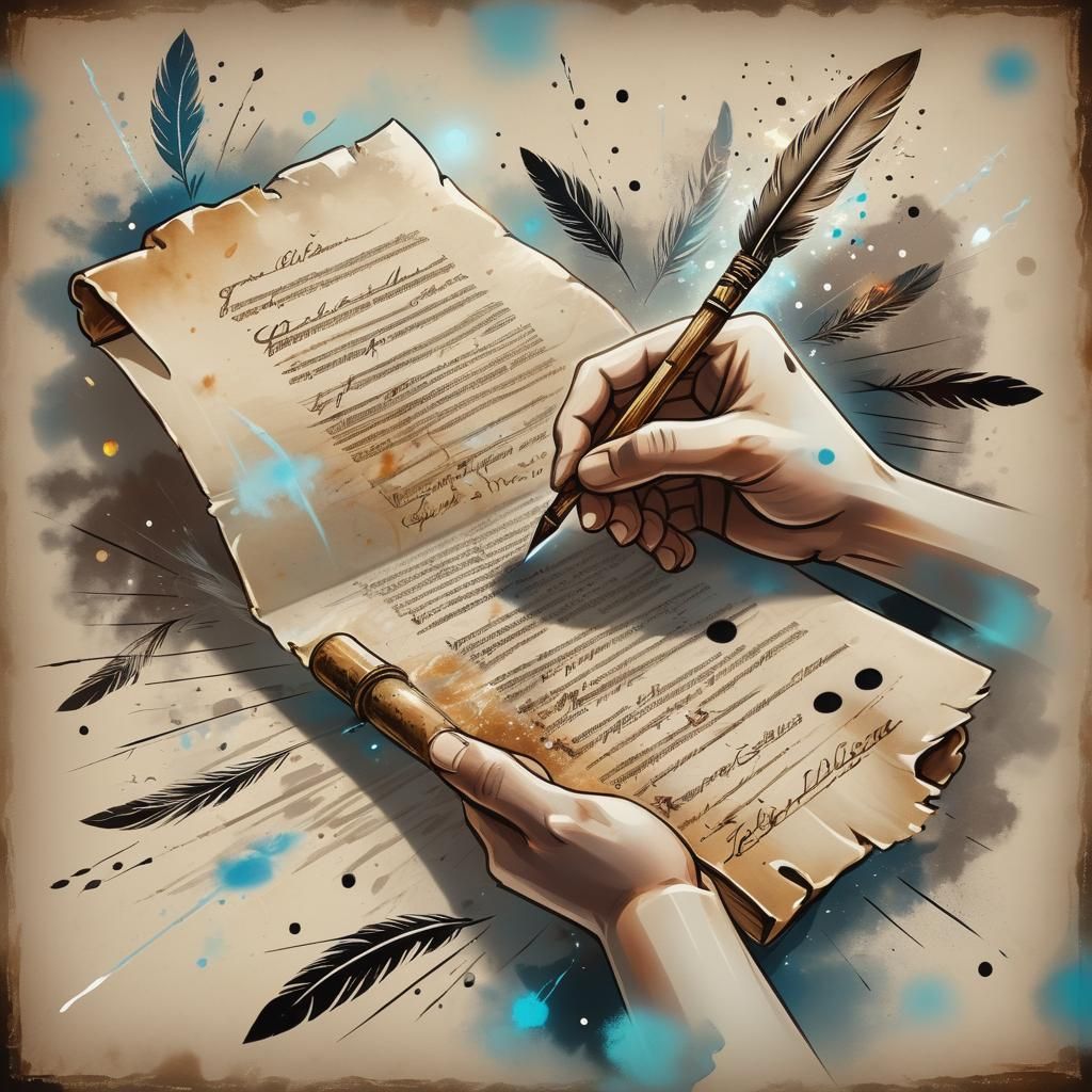 Hand Writes 'God's Love' on Papyrus, Cosmic Illustration