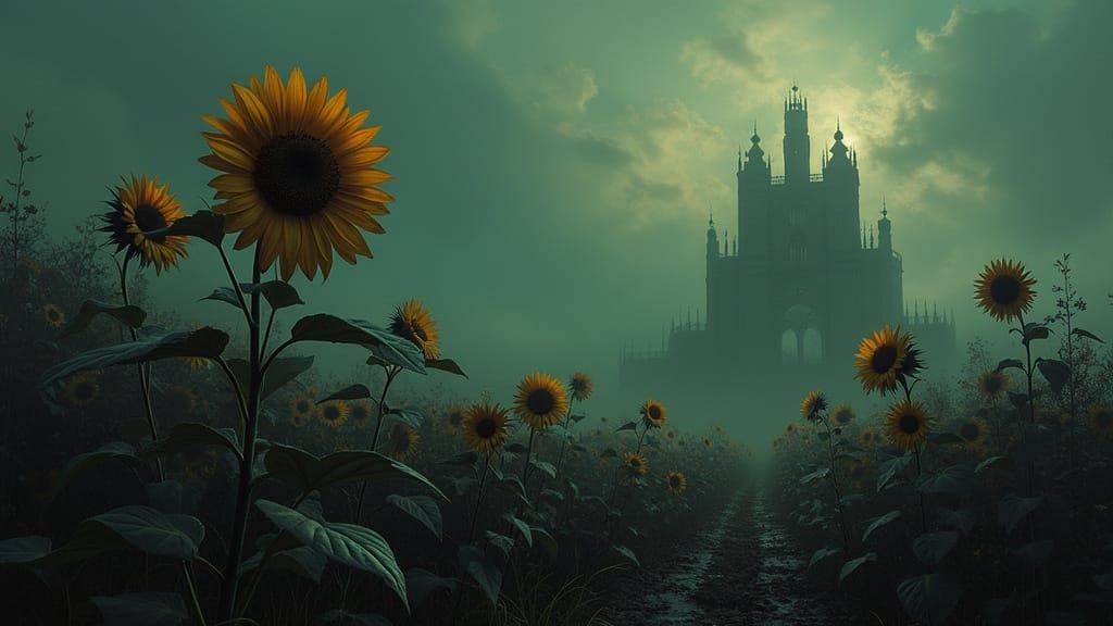 Haunting Dark Sunflowers in Gothic Film Noir Style