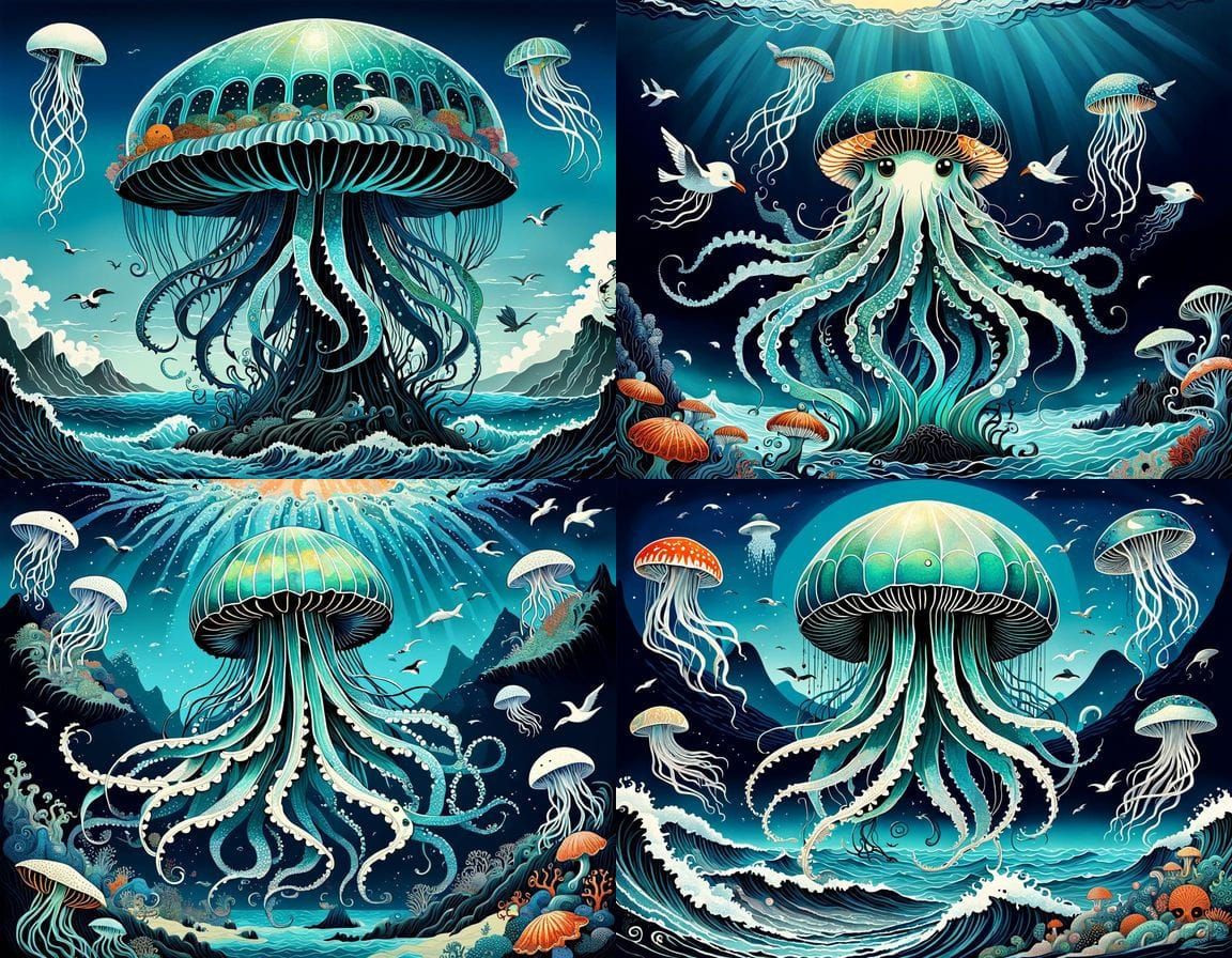 Whimsical Turquoise Jellyfish Seagull Hybrid in Hokusai Styl...