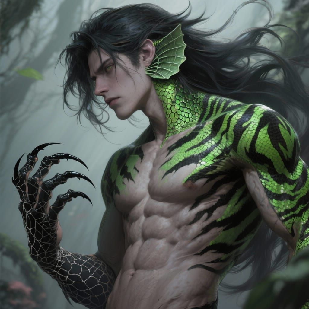 Muscular Hybrid Creature with Dark Hair and Claws