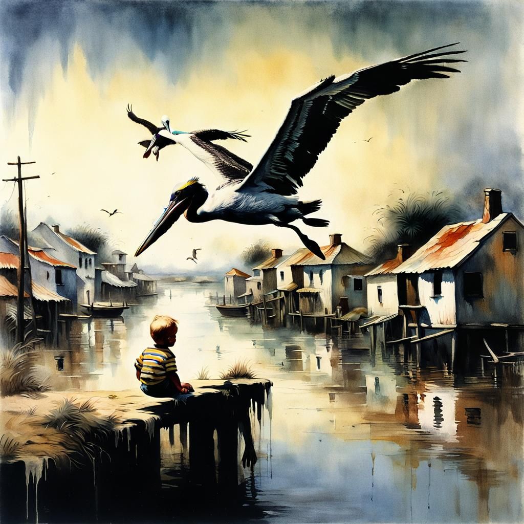 Vintage Photo of Baby Pelican Flight Over Village