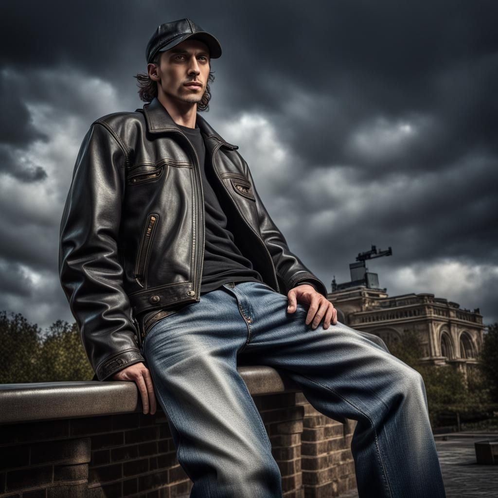 Hyperrealistic Portrait in Leather Jacket and Cap