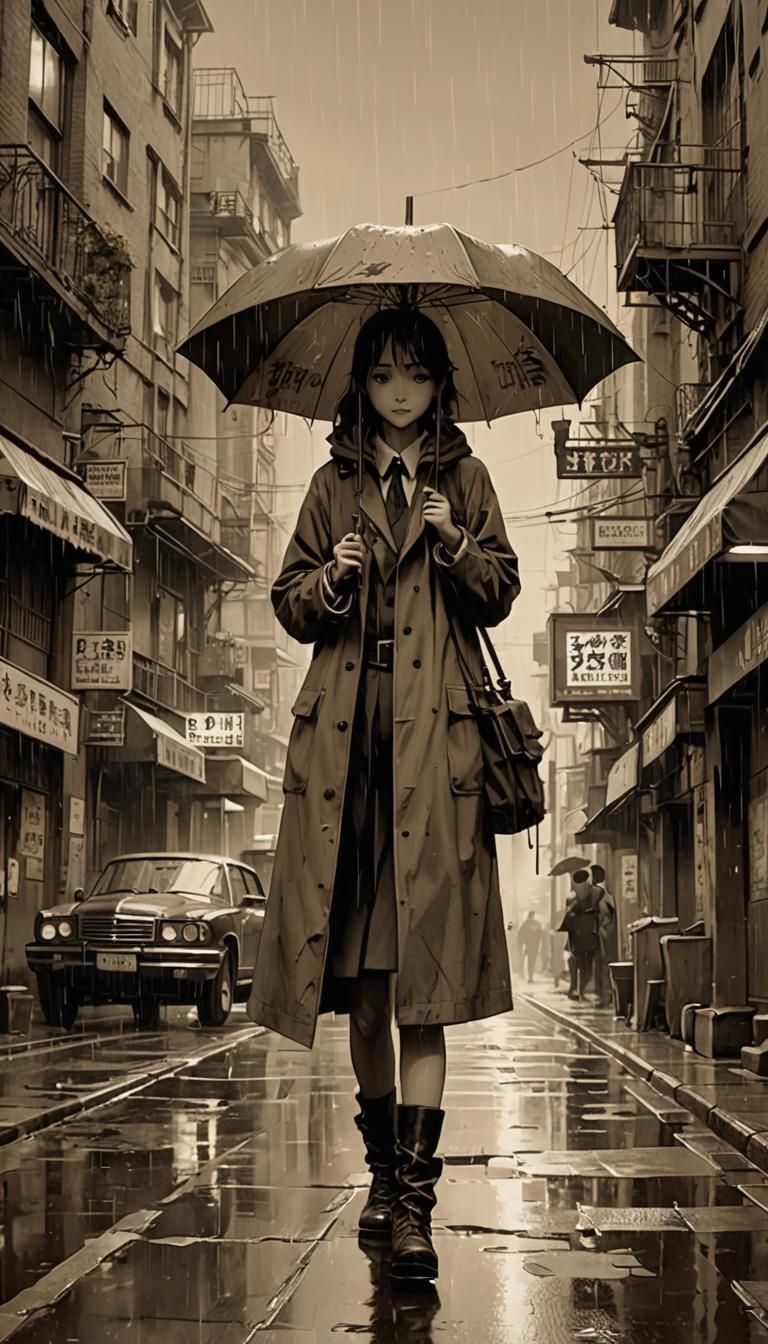 Rainy Day Sepia Film Noir in Anime Style