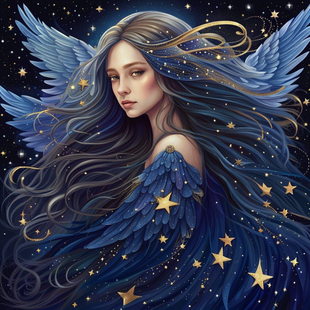 Girl with Starry Angel Wings, Digital Art