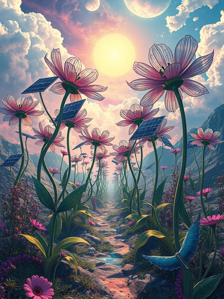 Vibrant Solarpunk Dreamscape with Iridescent Flowers