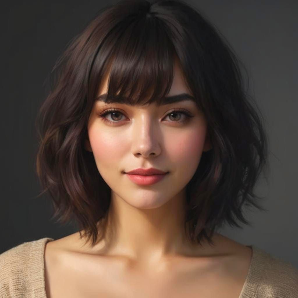 Woman with Bob and Bangs: Vibrant Oil Painting