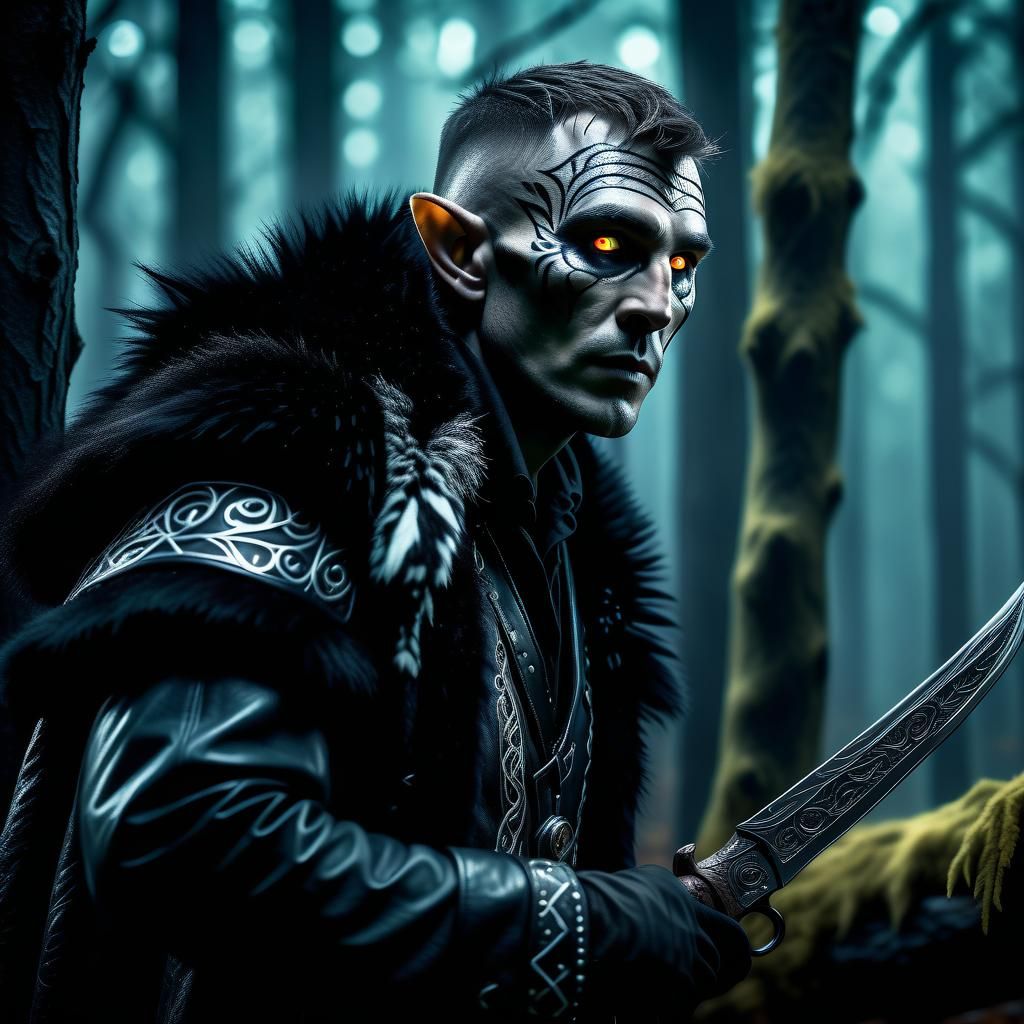 Elvish Hunter Stalks Prey in Magical Forest