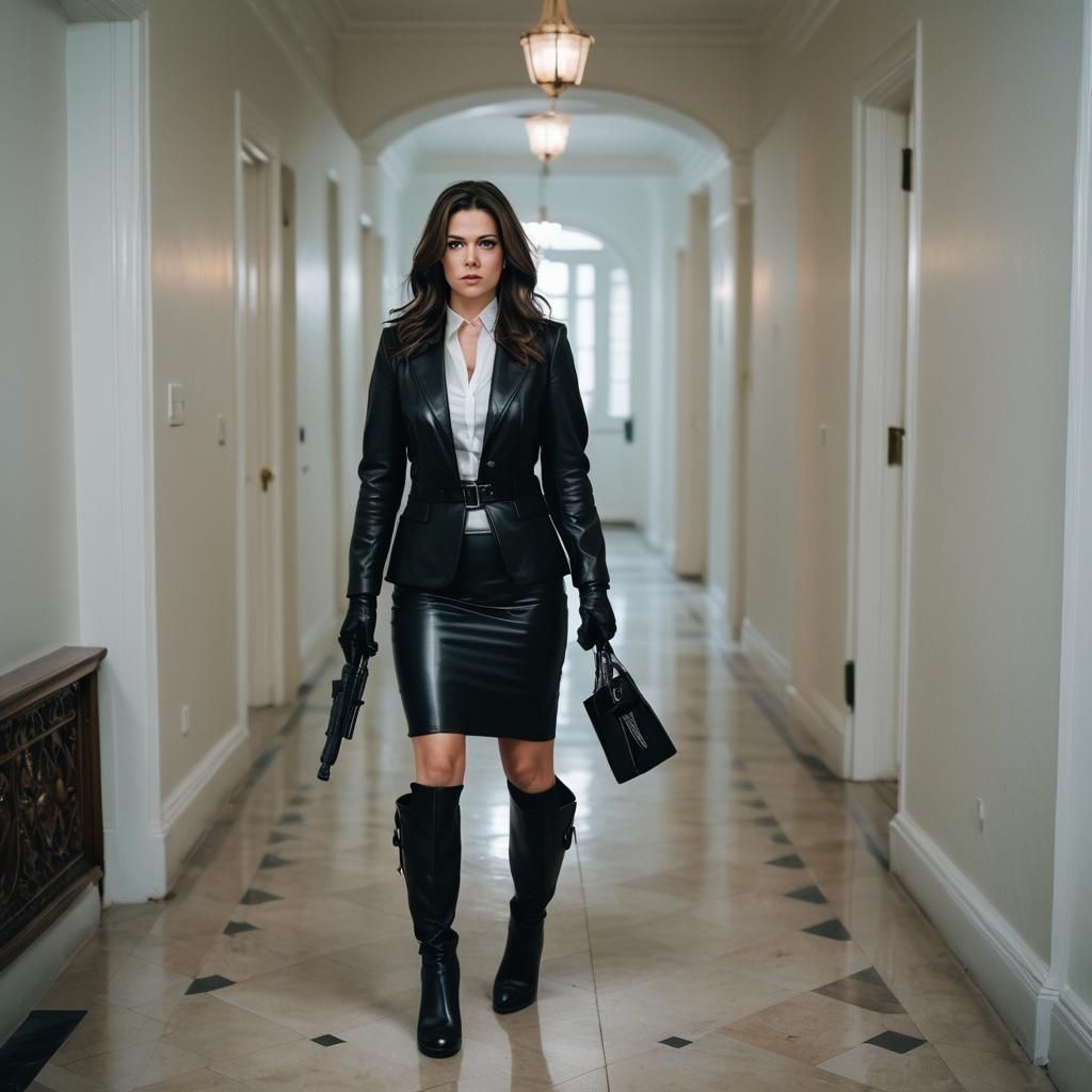 A full-body image of Elise Stefanik, angry face, dressed in a strict black business leather suit, black leather gloves, ...
