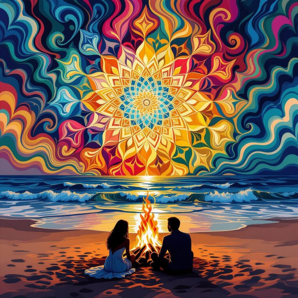 Couple by Bonfire on Kaleidoscope Beach Sunset