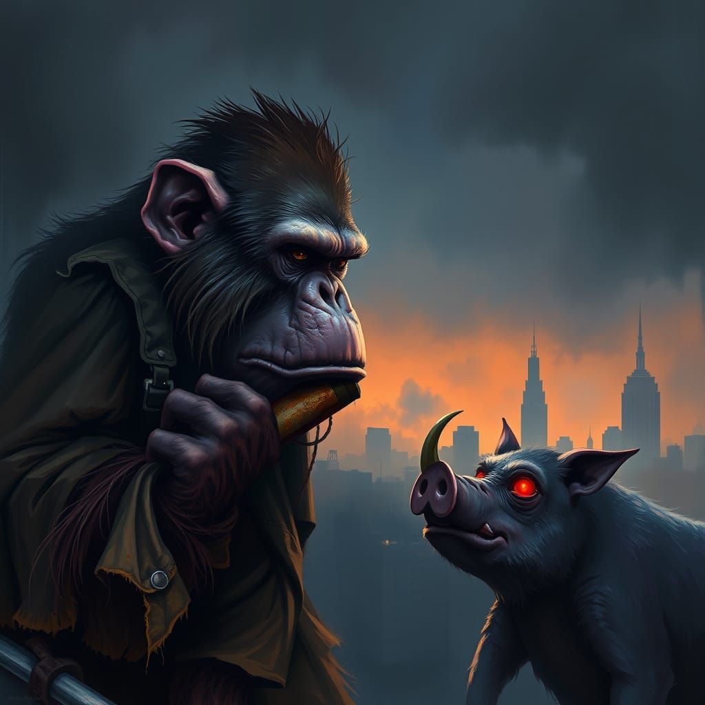 Menacing Orangutan Hobo Confronts Gorilla Pig Hybrid in Dark...