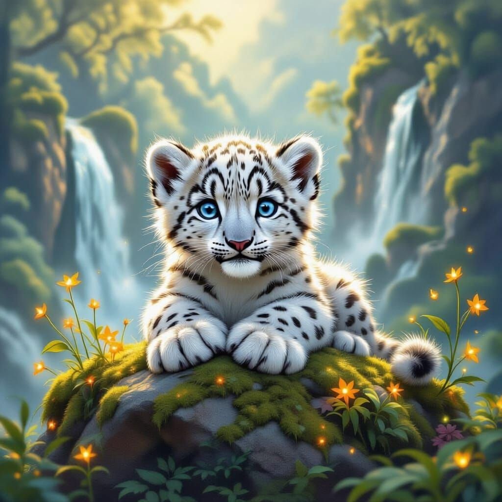 Snow Leopard Cub in Enchanting Glowing Flora