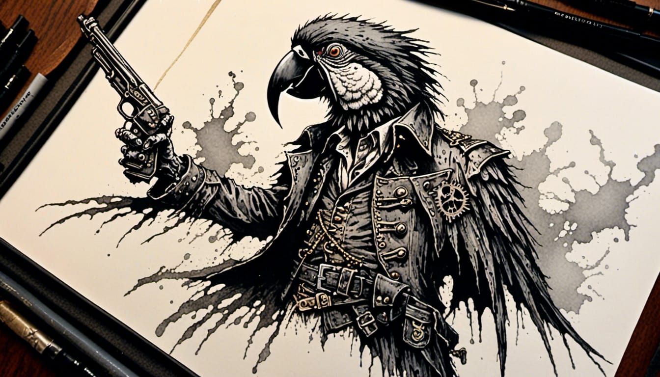 Zombie Parrot Steampunk Pirate in 1970s Comic Style