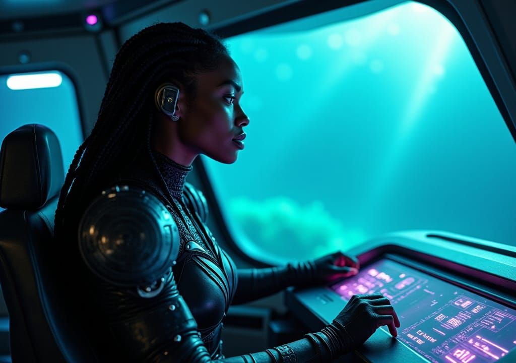 Futuristic Submersible Pilot in Bioluminescent Ocean