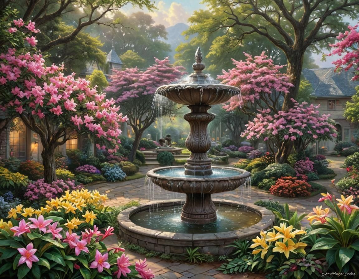 Fuchsia Flowers Bloom by the Fountain, Luminism Style