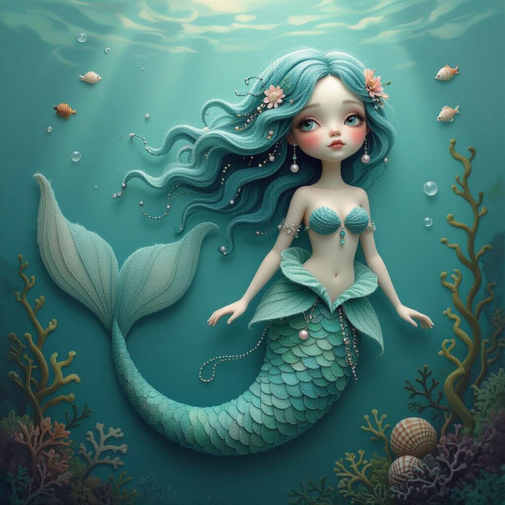 Ethereal Felt Mermaid in Seafoam Depths