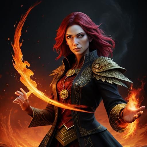 Hyperrealistic Fire Elementalist Practicing Fire Magic