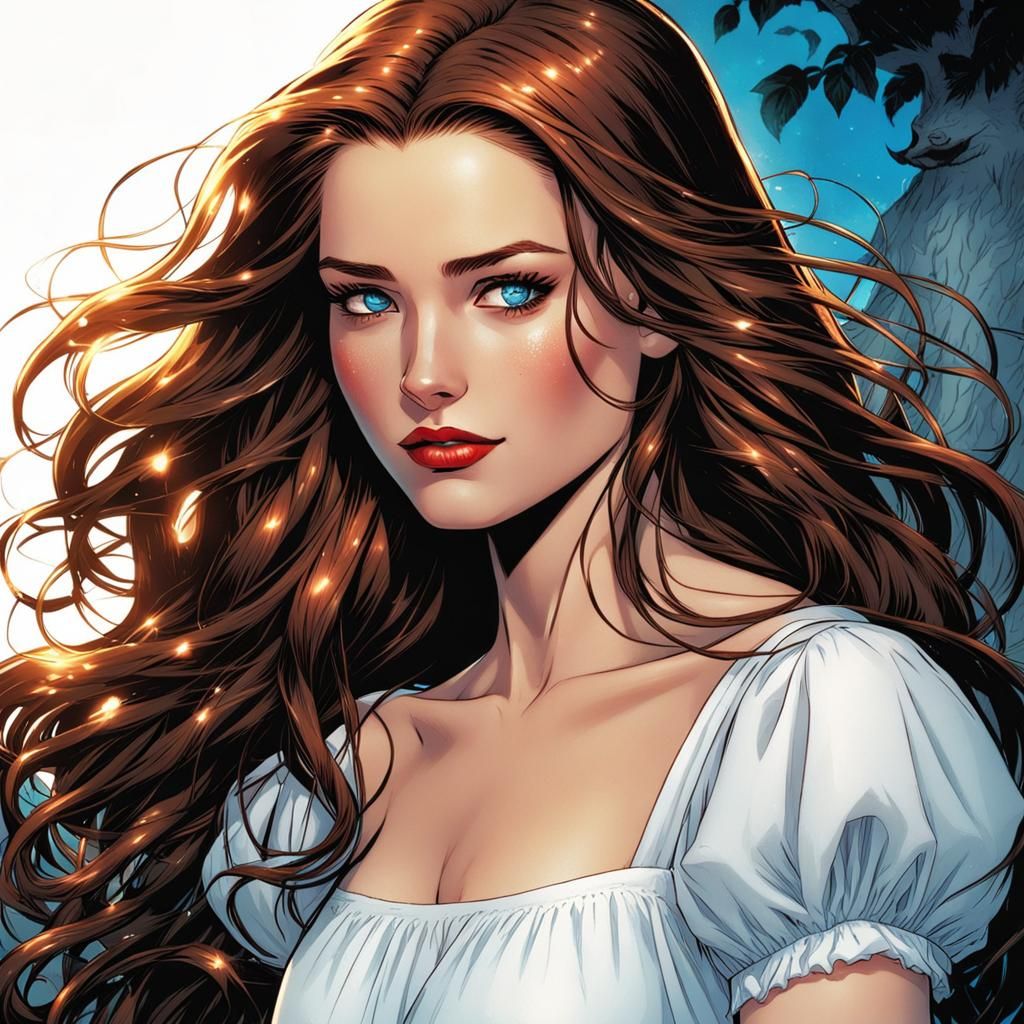 Comic Book Art: Brown Haired Girl in White Dress