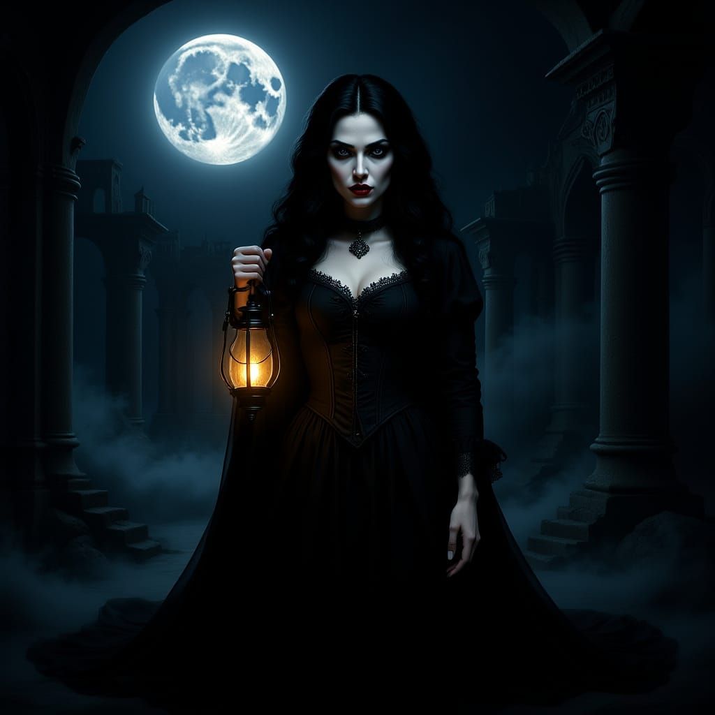 Gothic Woman in Castle Dracula Ruins under Moonlight