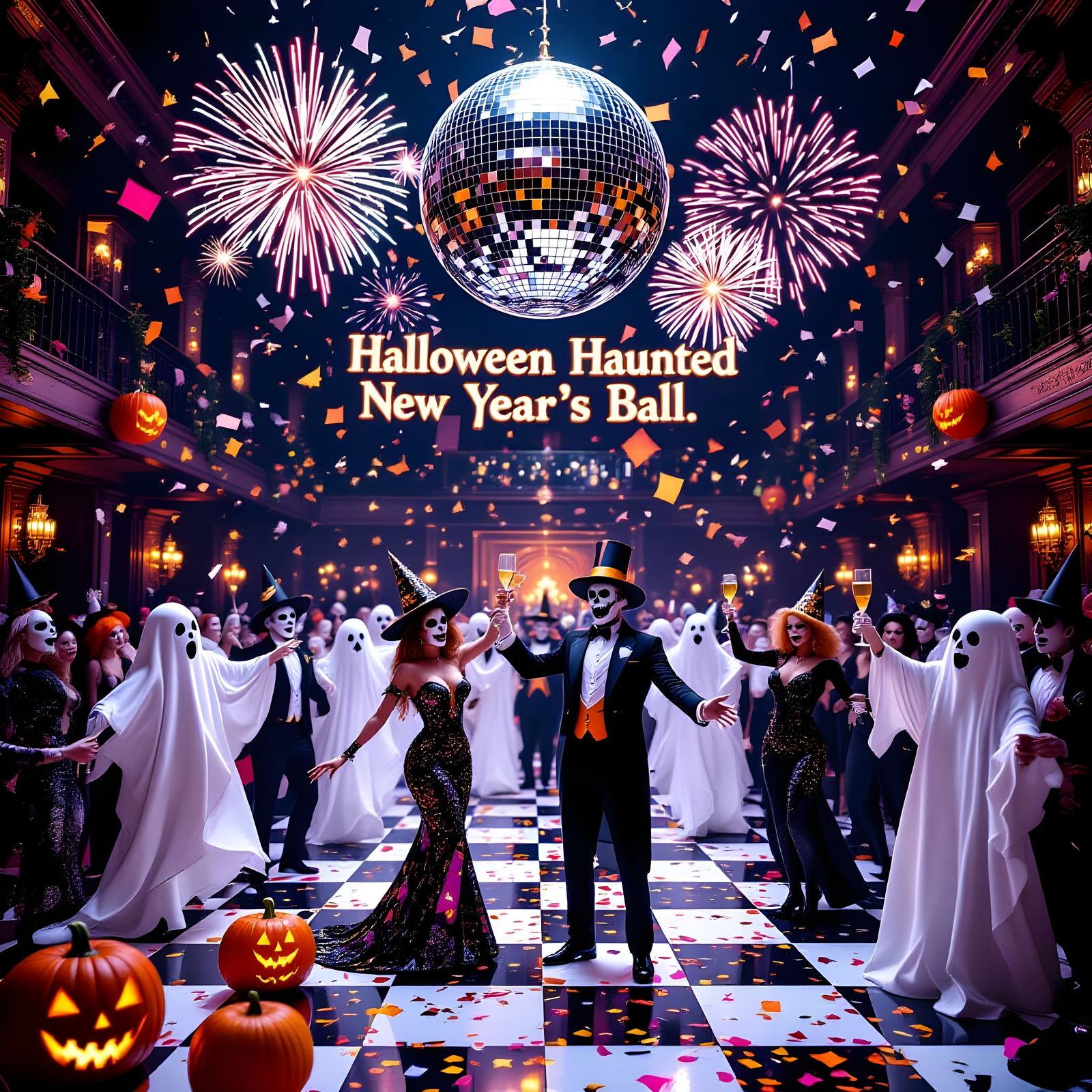 Spooky Halloween New Year's Ball with Ghosts and Disco