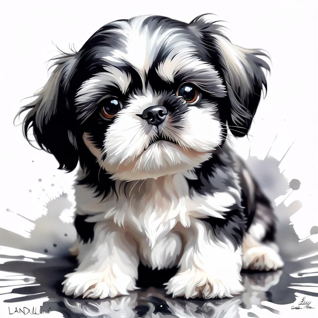 Adorable Shih Tzu Puppy Portrait in Watercolor
