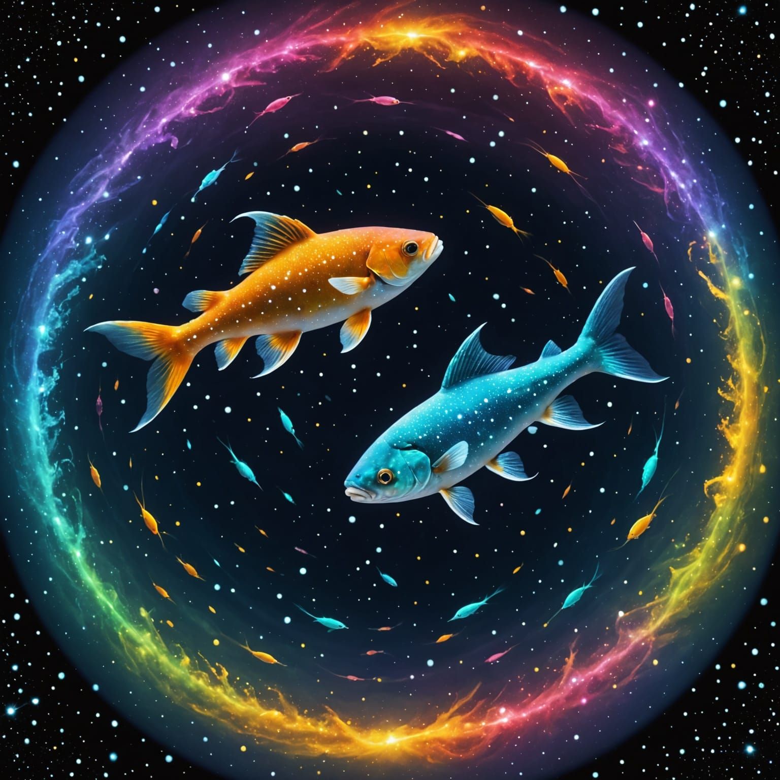 Celestial Fish Dance in Vibrant Space Dust