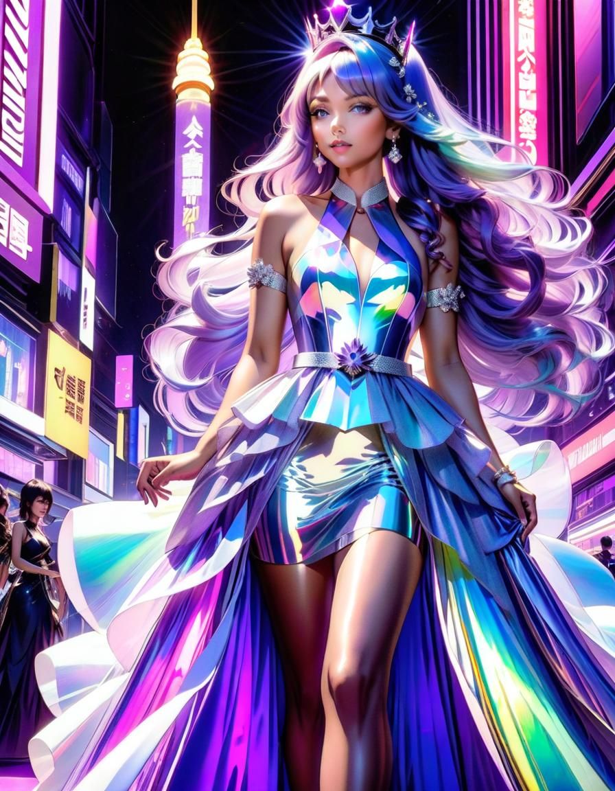Royal Purple Dress in Neon Lights: 3D Anime Art