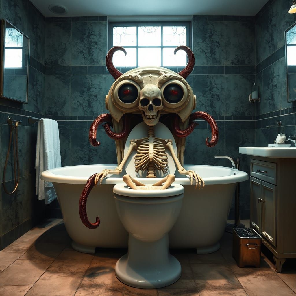 Macabre Bathroom Scene with Tentacled Toilet Chair and Skele...