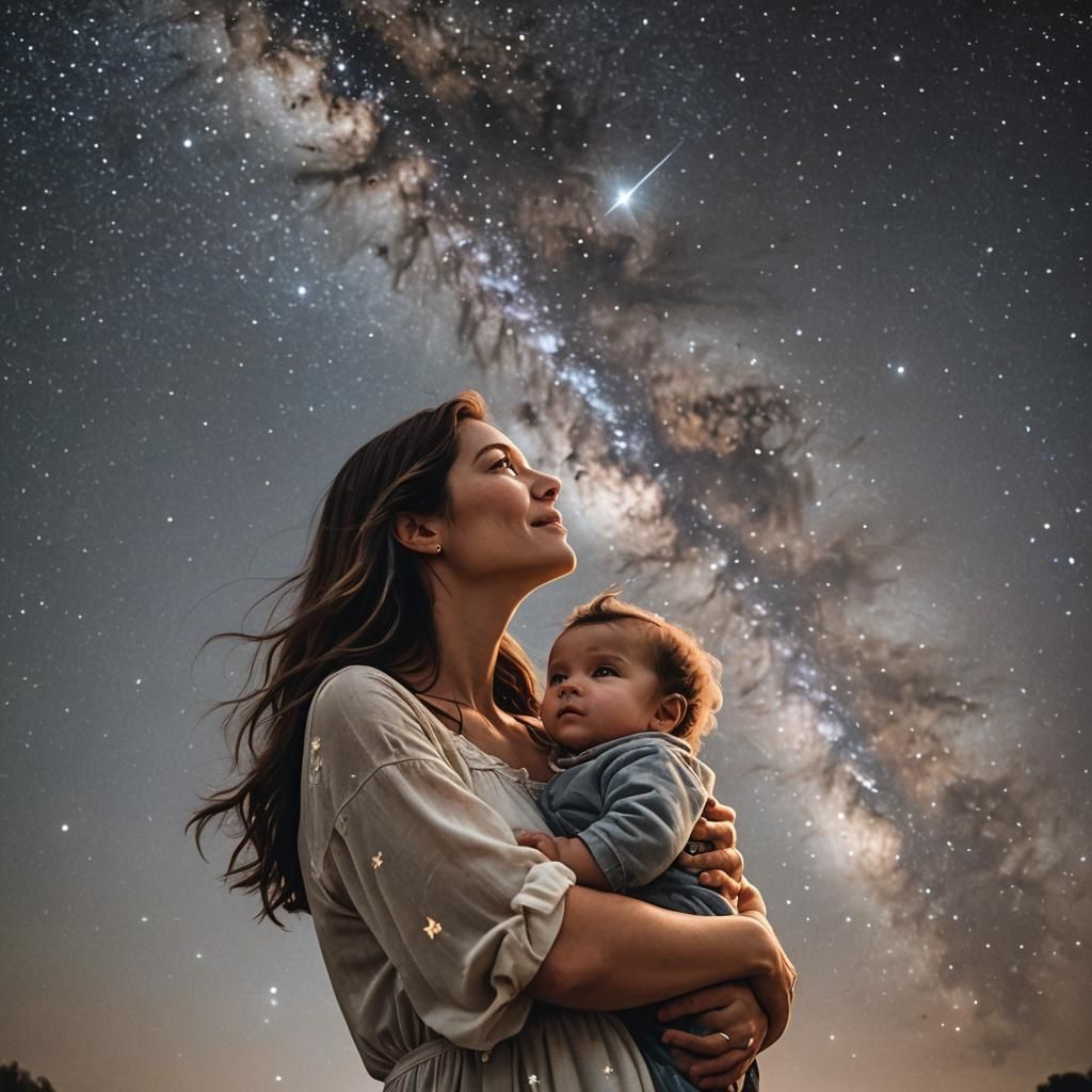 Mother and Child Stargazing Under a Celestial Sky