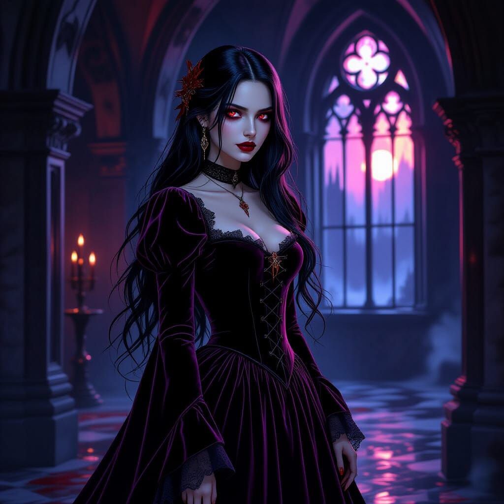 Elegant Vampire Girl in Gothic Castle Hall