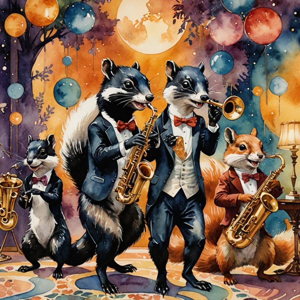 Jazz Band of Skunk, Fox and Squirrel in Watercolor