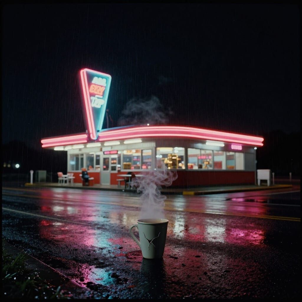 Midnight Diner on Desolate Highway in Rain