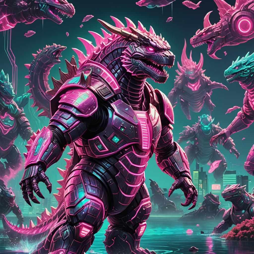 Cybernetic Neon Pink Godzilla in Synthwave Style