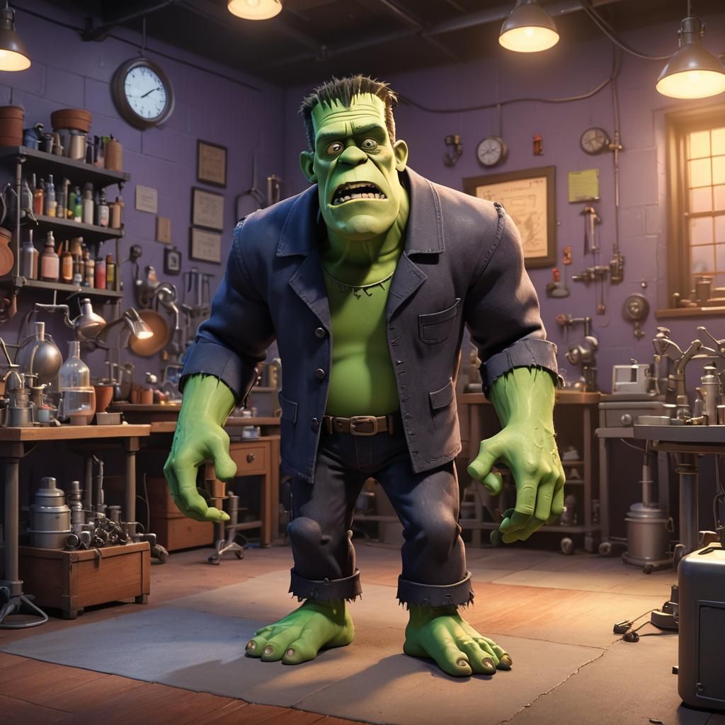 Pixar version of the Frankenstein Monster, background is the laboratory of the Barron