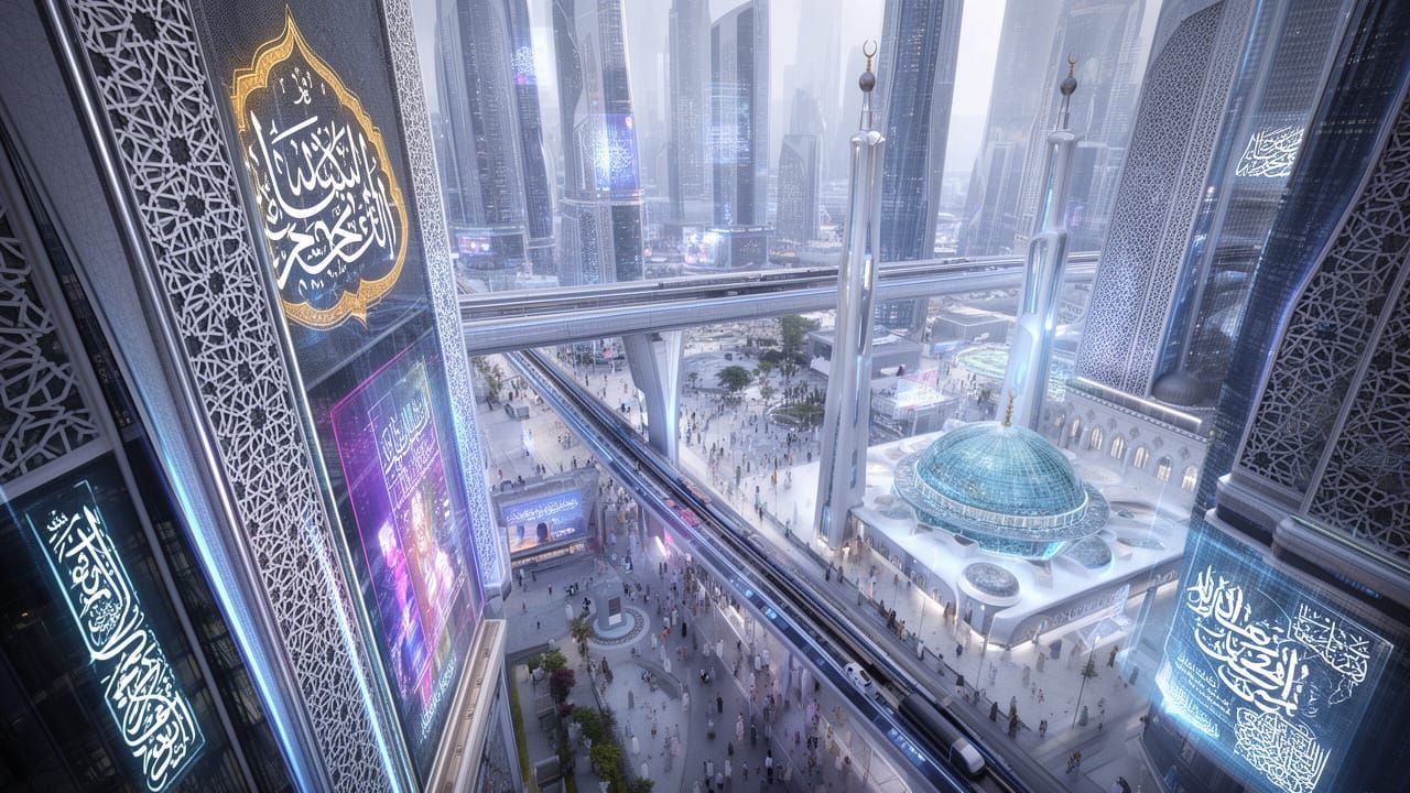 Futuristic Islamic Metropolis with Geometric Patterns and Ne...