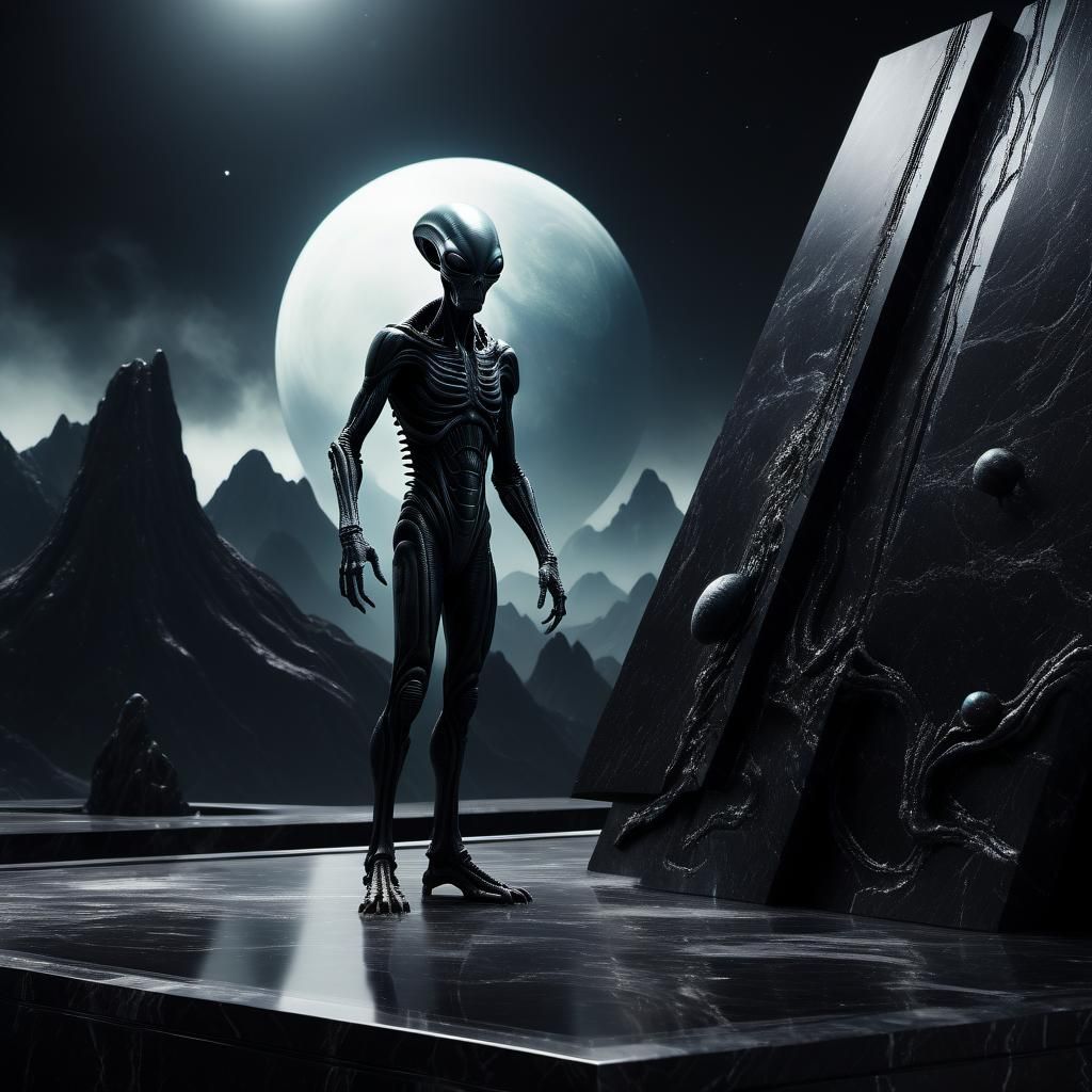Alien on Black Marble Wall: Matte Painting