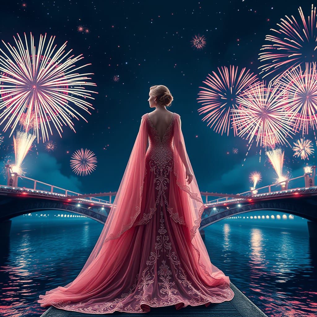 Ethereal Nighttime Goddess in Glittering Pink Evening Gown