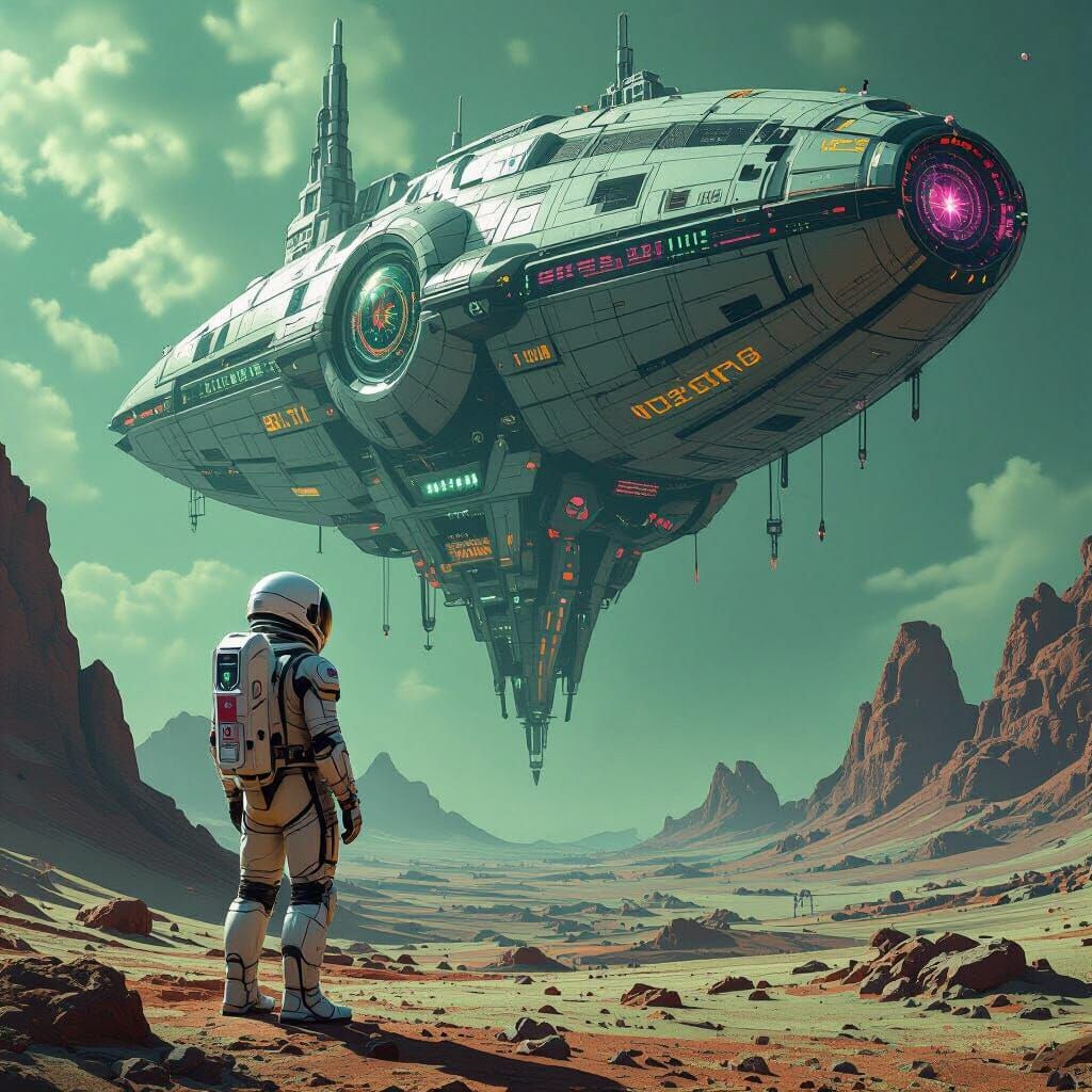 Astronaut Gazing at Biomechanical Starship on Alien Planet