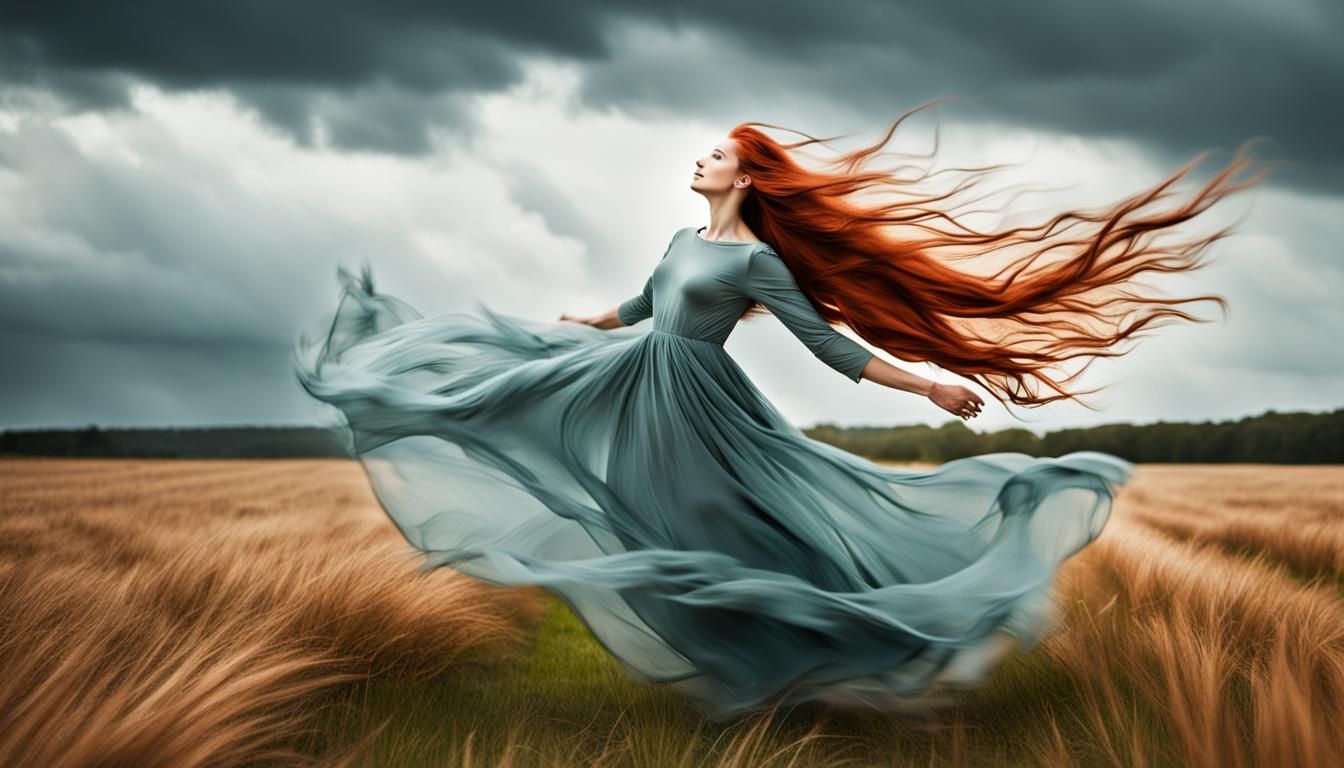 Girl with Red Hair Floating in the Wind
